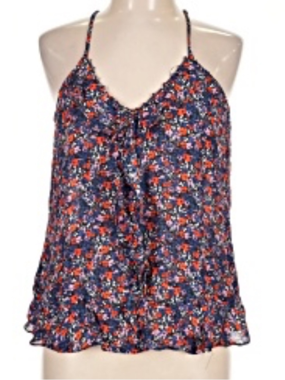 Parker Silk Blend Navy Floral Spaghetti Strap Camisole with Red Accents. Size M